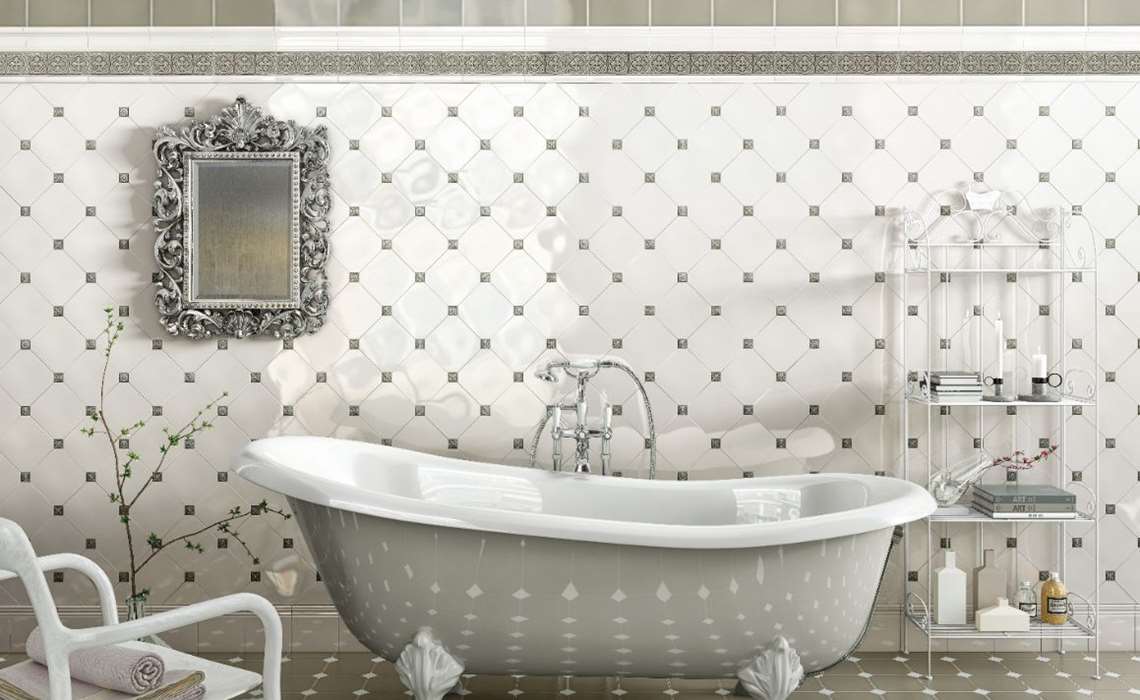 carrelage mural salle de bain blanc avec cabochons
