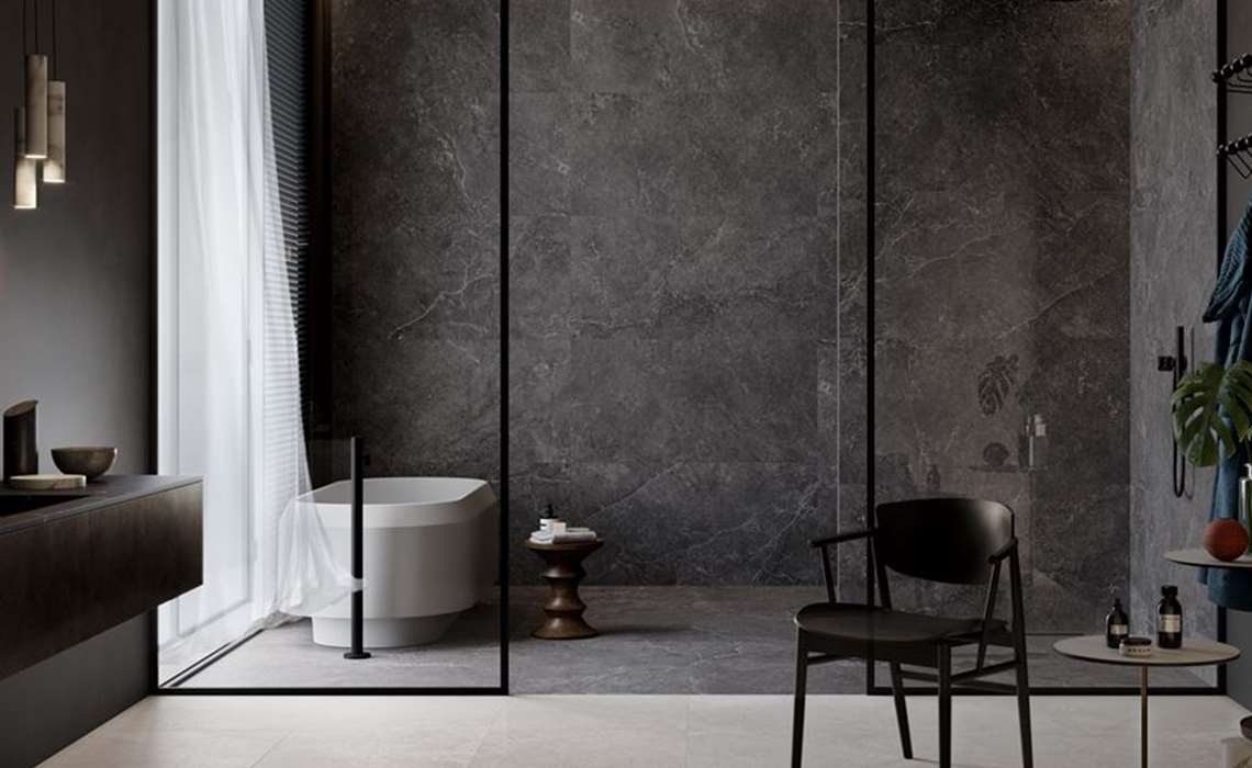 Salle de bain carrelage imitation pierre veiné anthracite